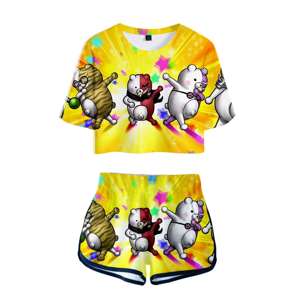 Anime danganronpa dangan ronpa monokuma senhoras fatos de treino duas peças conjunto feminino topos e shorts branco urso preto cosplay traje