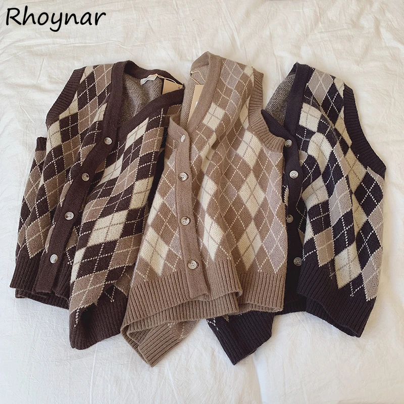 Argyle suéter chaleco mujer Vintage estilo Preppy estudiante coreano elegante prendas de punto Simple ocio moda clásico tierno Chic Mujer