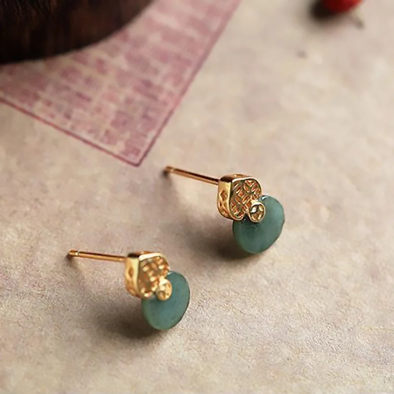 فريدة من نوعها الحرفية الطبيعية Hetian جاسبر القرع الجوف النحاس عملة أقراط النمط الصيني رائعة السيدات العلامة التجارية مجوهرات