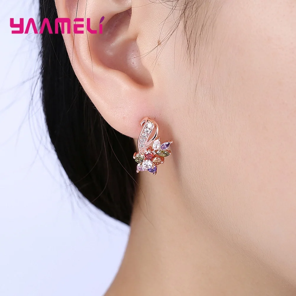 Luxury Rose Gold Color Multicolor Cubic Zirconia Stud Earrings for Women Bridal Wedding Party Ear Piercing Jewelry Gifts