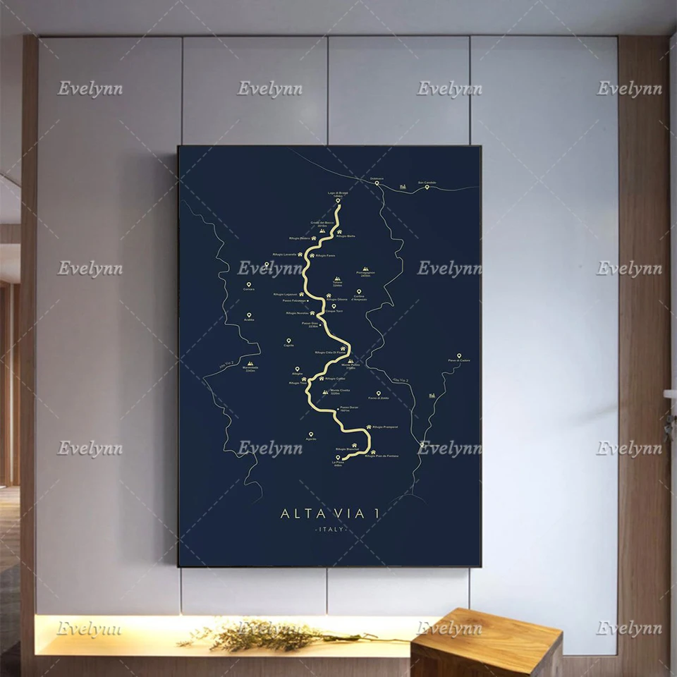 Alta Via 1 Trail Map | Dolomite High Route 1 |Europe Hiking |Trail Map Art | Modern Home Decor Posters  Wall Art Prints Canvas