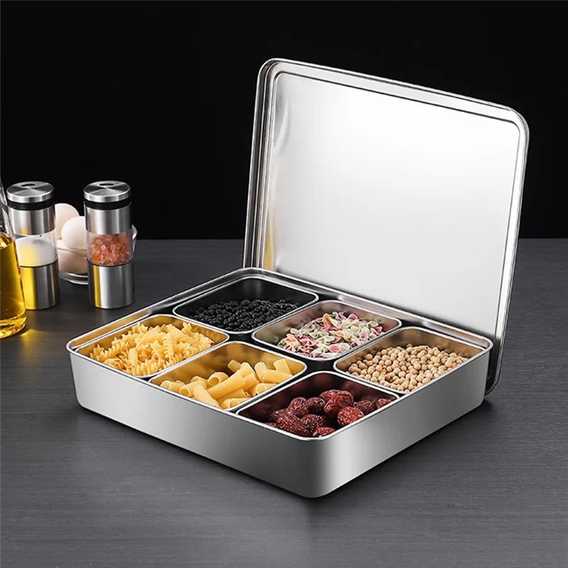 

1/2/3/4/6Grids Stainless Steel Seasoning Box with Lid Rectangle Hotel Household Spice Organizer Multifunction Kitchen Gadget