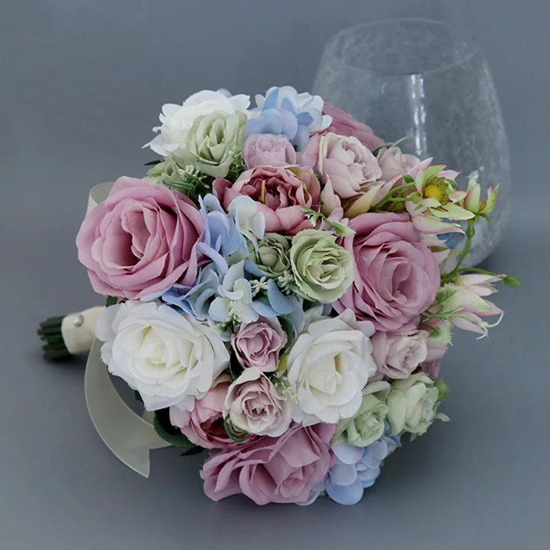 Lovely Pink Bridal Bouquets Wedding Flowers Decorations Blue Ivory 20*28cm