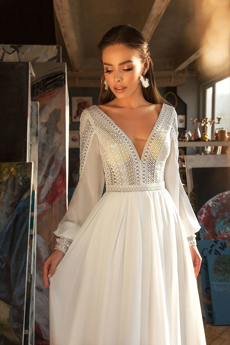 9935 # Bohemian Hochzeit Kleider Puff Hülse Spitze V Neck Brautkleid 2021 Backless Vestido De Novia Hochzeit Party Kleid nach Maß