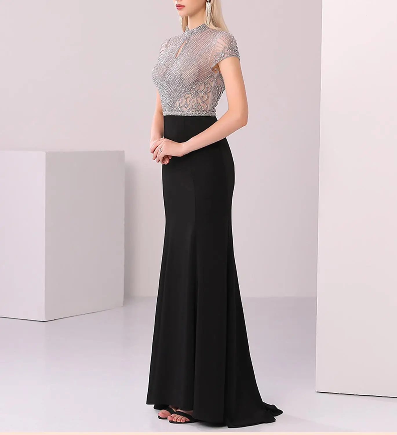 Luxury Sparkly High Neck Beading Cap Sleeves Long Chiffon Trumpet Mermaid Sweep Train Evening Dress Party Gown Cheap robe de soi