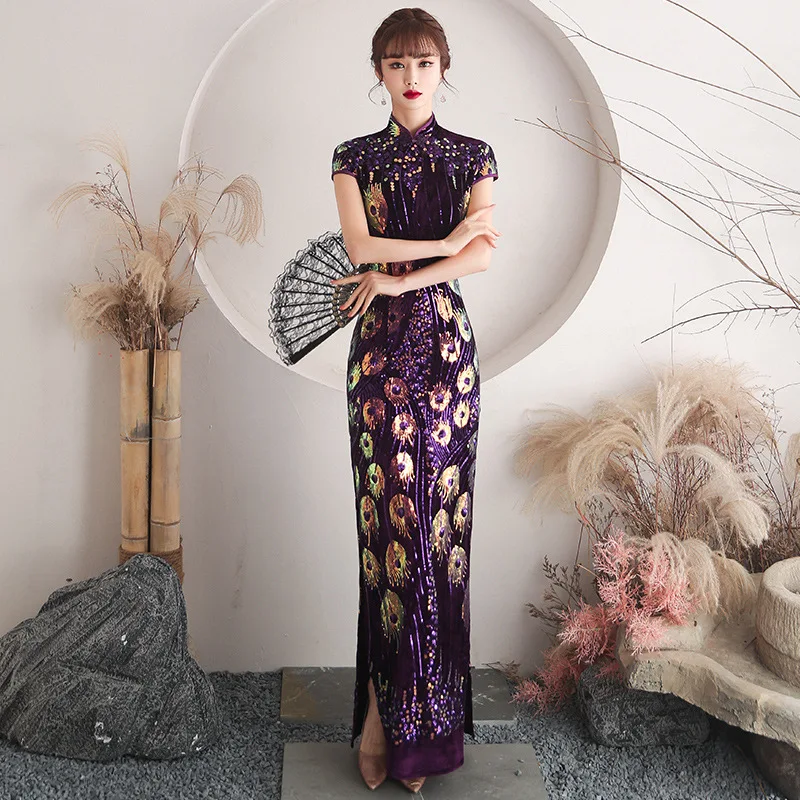 Oversize 4XL Purple Peacock Feather Velour Sequin Cheongsam Women Slim Velvet Qipao Elegant Evening Party Dress Vestidos