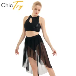 ChicTry Shiny Sequins Asymmetrical Gymnastics Ballet Crop Tops Leotard Mesh Skirt Set Women Contemporary Lyrical Dance Costumes