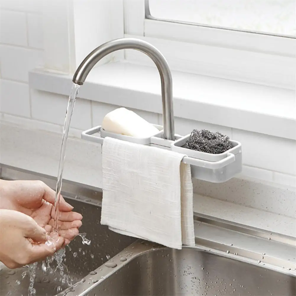 Kitchen Sink Faucet Holder Sponge Soap Cloth Storage Organizer No Drills Multi-functional Storage Drain Rack Shelf