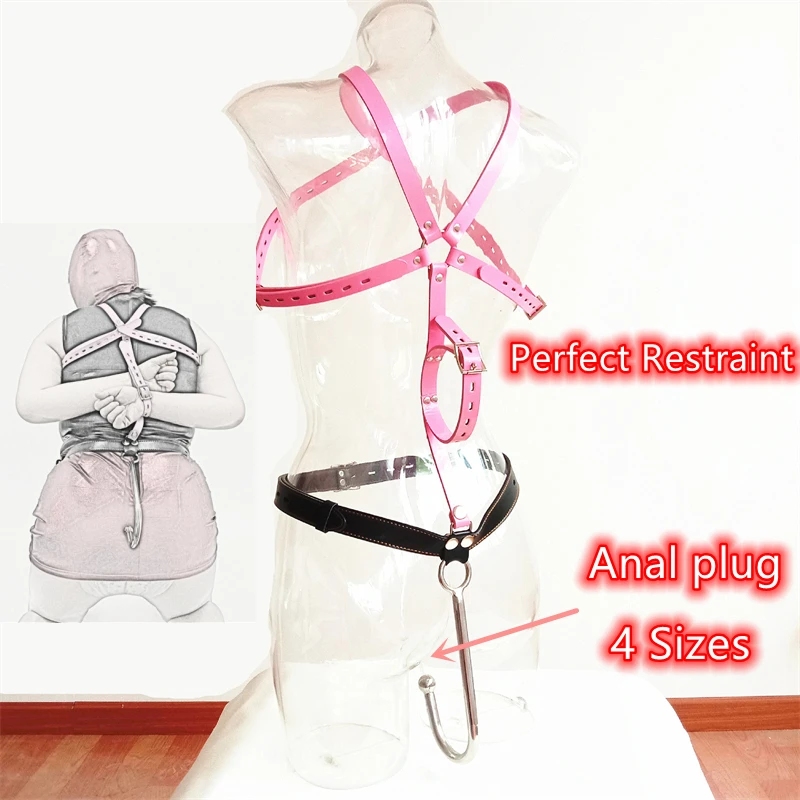 Metal Butt Plug Anal Hook Set With Handcuffs Belt Leather BDSM Bondage Harness Back Pack  Chest Restraint