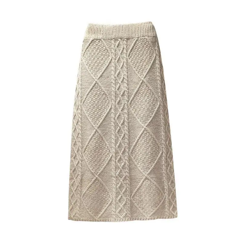 

New Autumn Winter Women Skirt High Quality Retro Rhombic Plaids Twisted Knitted Skirt Elegant High Waist Slim Long Skirt