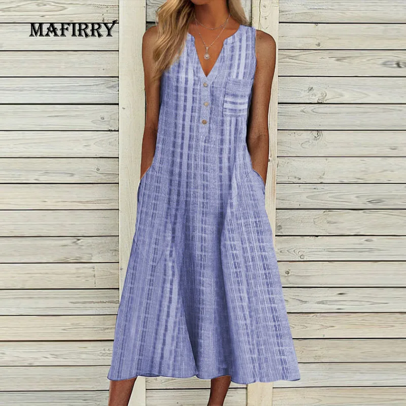 

Women Off Shoulder Casual Soild Dress V-Neck Sleeveless Button Big Pockets Dress Summer Female Streetwear Loose Dress Vestidos