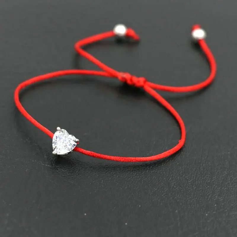 BPPCCR Silver Color Shiny Crystal Zircon AAA Love Heart Bracelet Red Rope Thread Wish Lucky Bracelets For Women Couples Lovers