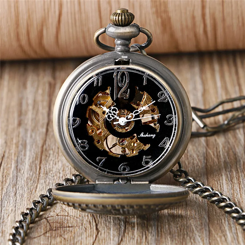 Bronze Hollow Dolphin Case Unisex Pocket Watch with Handwinding Mechanical Movement Arabic Numeral Dial Fob Pendant Chain reloj