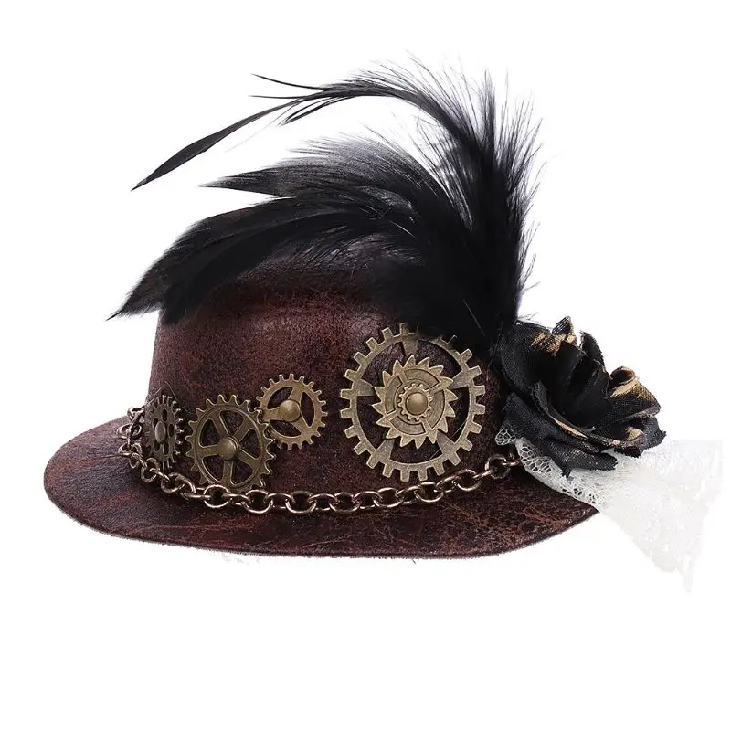 Women Halloween Gothic Mini Top Hat Steampunk Gears Chain Feather Flower Lace Fascinator Hair Clip Victorian Fancy Dress Cosplay