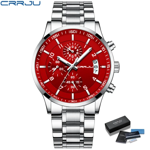 Imagen 2 del producto Relojes de pulsera CRRJU de cuarzo para hombre, relojes cronógrafo deportivos de marca de lujo con manecillas luminosas de acero inoxidable 316, reloj masculino rojo