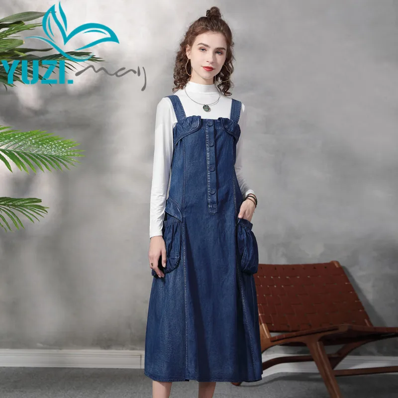 

Dresses For Women 2021 Yuzi.may Boho New Denim Dress Slash Neck Single Breasted Big Pockets Suspender Vestidos Femininos A82366