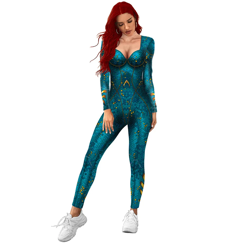 Fccexio 2021 azul peixe lantejoulas 3d impressão sexy bodysuits feminino S-XL manga longa cosplay nova festa apertado sexy macacões