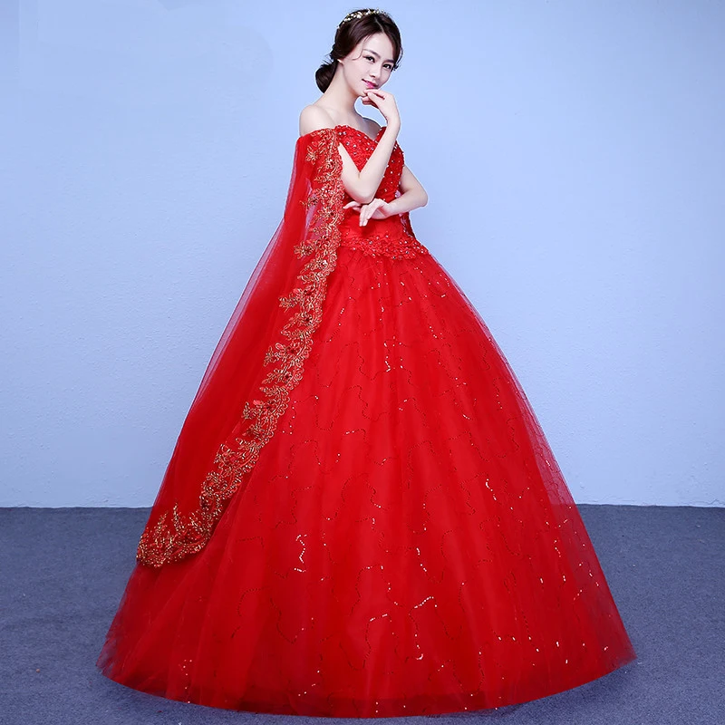 AnXin SH-Robe de mariée personnalisée en dentelle rouge, vintage, col bateau, cristal perlé avec vue, princesse de dinde, blanc