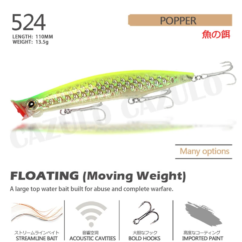 ลอย Popper อุปกรณ์ตกปลา Lure Isca ประดิษฐ์น้ำหนัก13.5G 110มม.Pesca Accesorios Mar Articulos Wobblers Pike Leurre