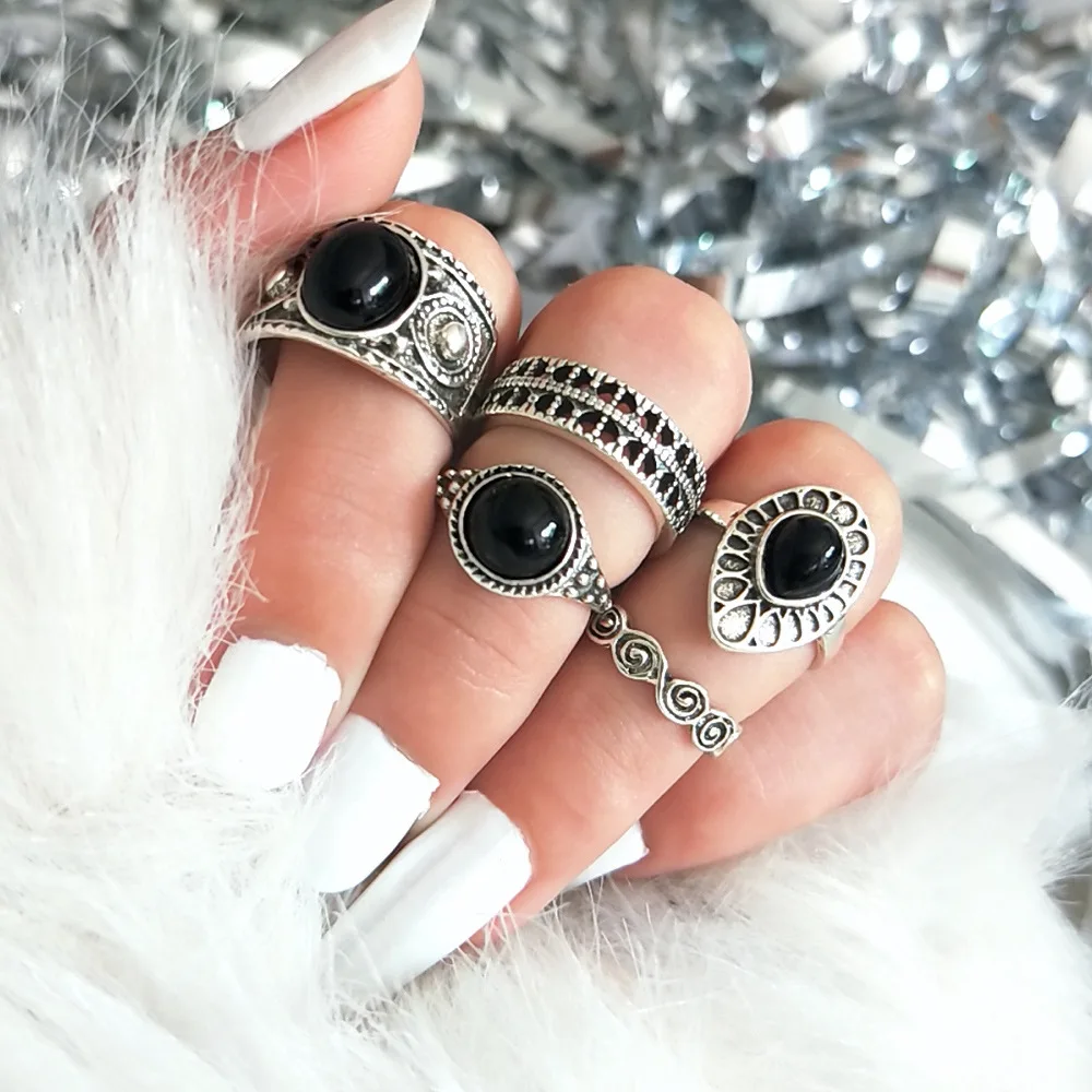 

2021 Fashion Trend New Jewelry Retro Inlaid Black Gem Bohemian Style Ring Water Drop Hollow Women's Ring Set Free Shipping