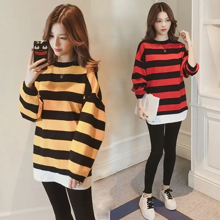 2024 New Pregnant Women Korean Style Long Sleeve O-neck Striped T-shirt Plus Size Maternity Casual Batwing Sleeve Tops Wholesale