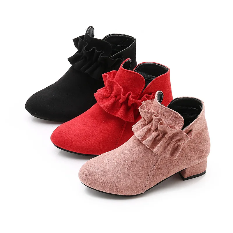 2021 New Fashion High Heel Children Shoes For Girls Flower Autumn Leather Boots Ankle Kids Boots 4 5 6 7 8 9 10 11 12 Year Old