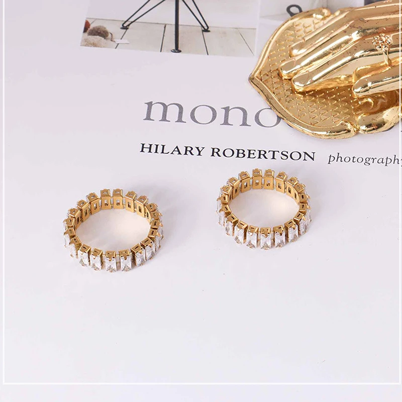 Stainless Steel Inlaid A Circle Square Crystal Ring For Women Fashion Jewelry Exquisite Brand Gold Color Love Rings Wholesale