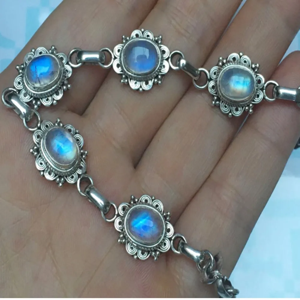 

Nepalese Handmade Real S925 Pure Silver Set With Natural Rainbow Moonstone Vintage Woman Bracelet Fine Beauty Jewelry Gift