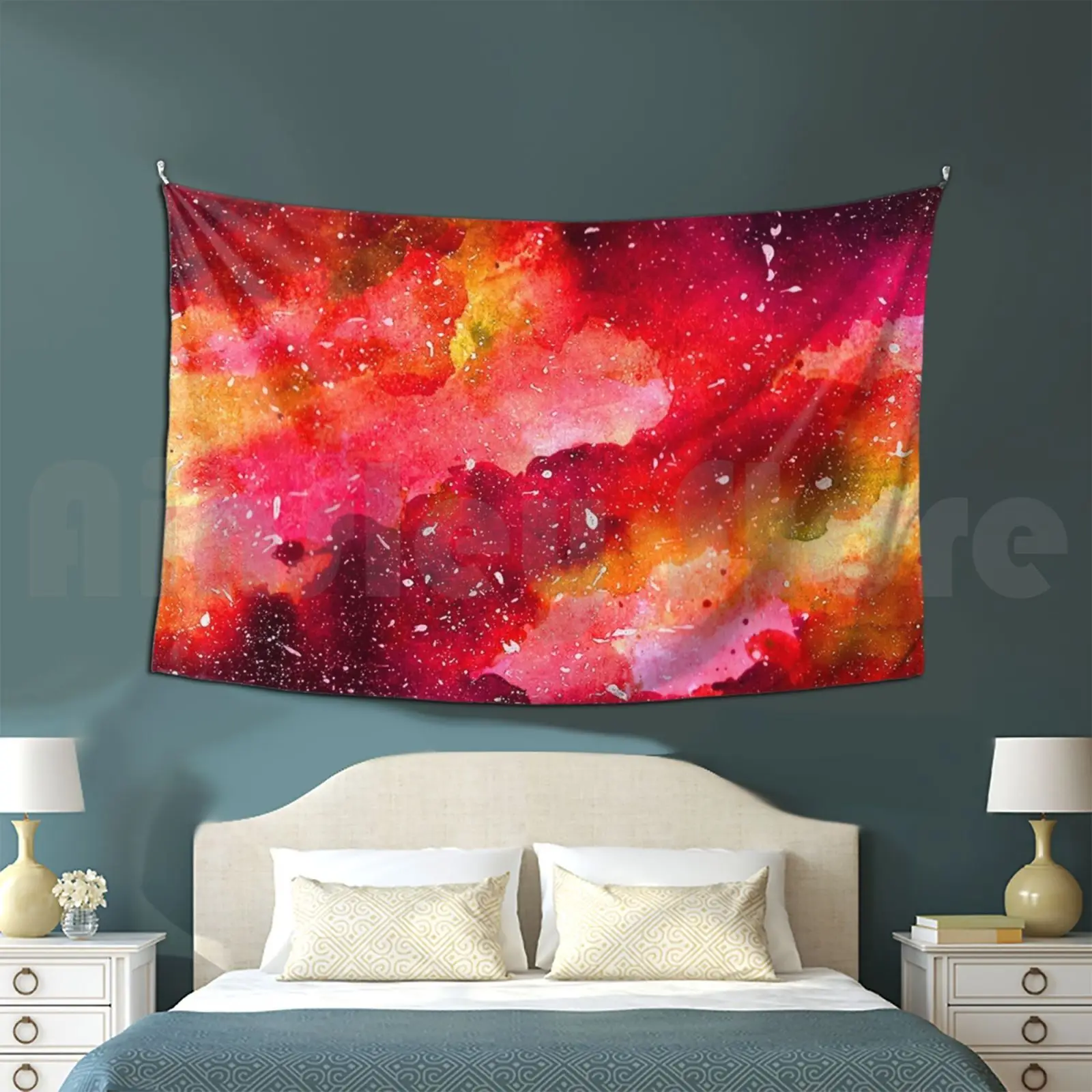 Fireball Customized Tapestry Fire Red Watercolor Stars Galaxy Space Universe Planets Yellow Clouds