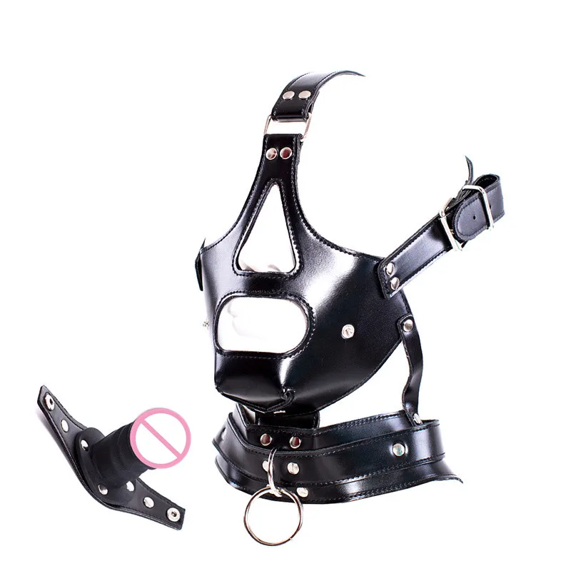 Fetish Bdsm Sex Toys of Sexy Costume of Unisex Leather Half Face Bondage Hood Mask with Harness Strap Muzzle Silicone Penis Gag