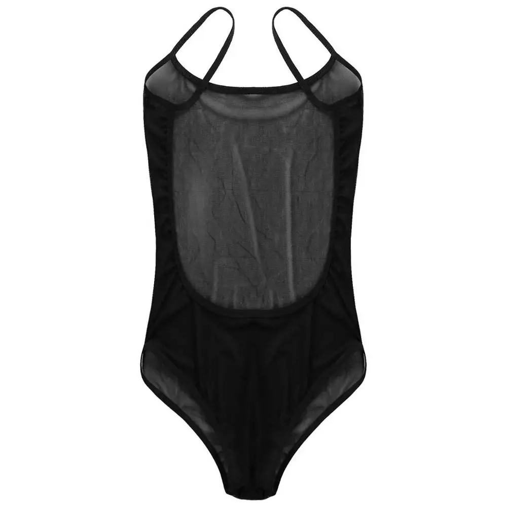 Womens Sexy See Through Sheer Mesh One-piece Lingerie Deep U Neck Backless Spaghetti Shoulder Straps Leotard Teddy Bodysuit