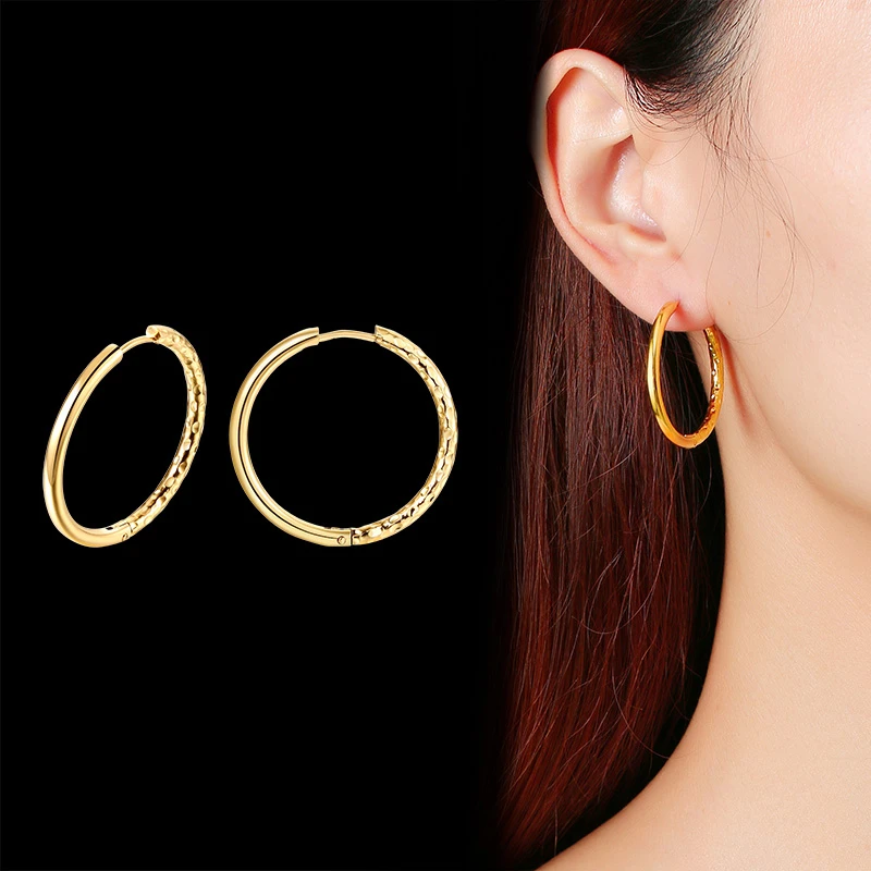 Simple Hoop Earrings for Women, Gold Color Irregular Surface Stainless Steel Circle Ear Clip, Fashion Lady Gifts Jewelry Earring