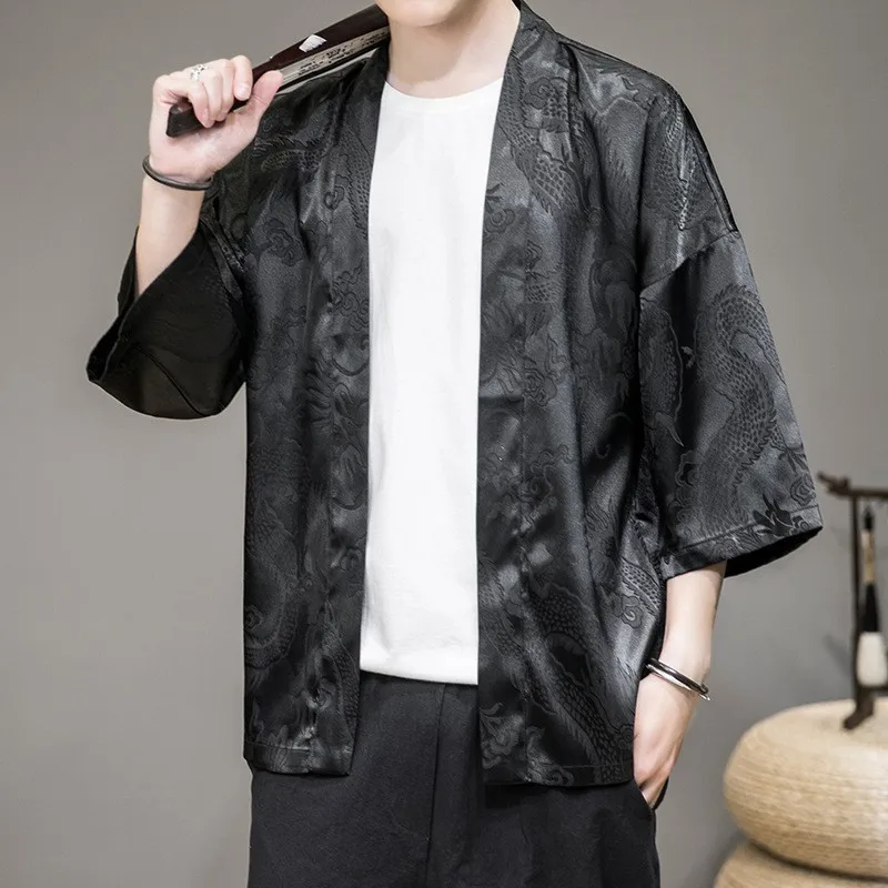 Men Satin Cardigan&Pants Dragon Print Two Piece Suit Casual Outerwear Male Japanese Kimono Jacket Pants Loose Streetwear M-5XL