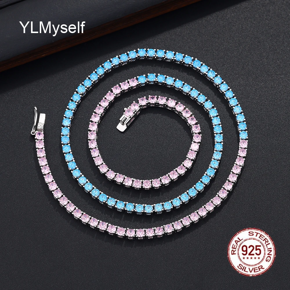 

100% Guarantee Real 925 Sterling Silver 47 CM Tennis Necklace 3mm Blue/Pink Colorful Zircon Chain Eternal Choker Fine Jewelry