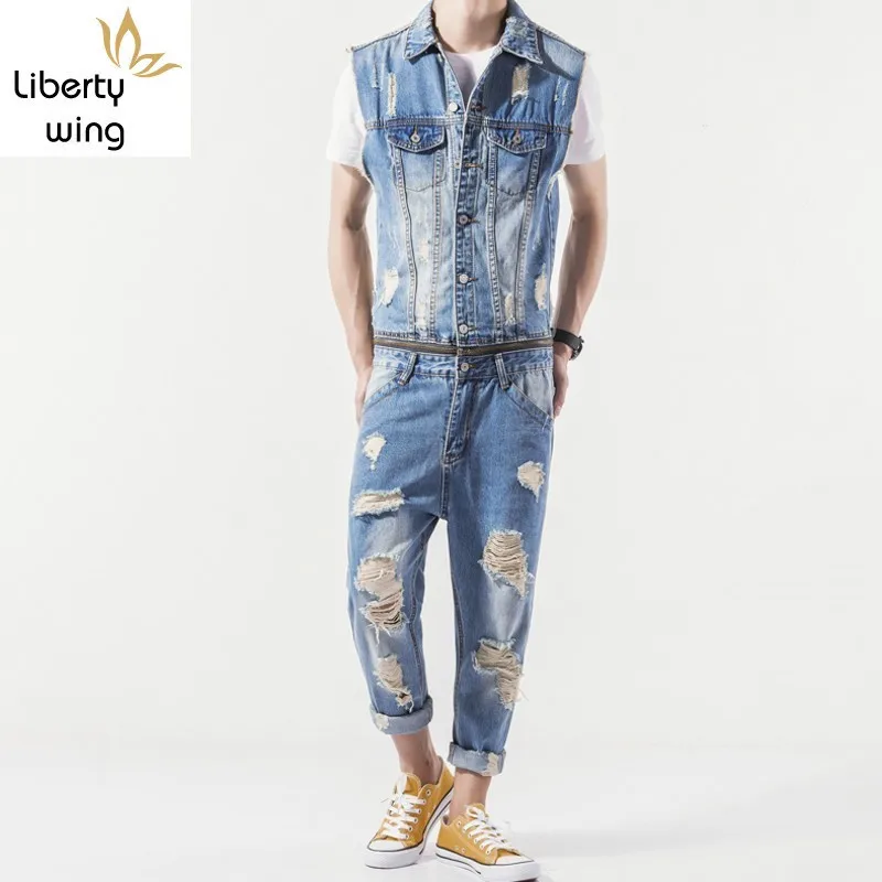 Mens Summer New Sleeveless Denim Jumpsuit Casual Cowboy Slim Fit Hole Ripped Romper Jeans Pants Male Zip One Piece Bib Overalls