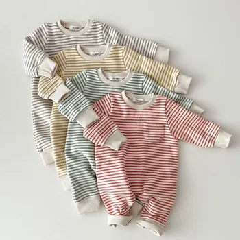2025 Spring New Baby Striped Romper Boys Girls Simple Striped Casual Jumpsuit Winter Infant Fleece Warm Clothes