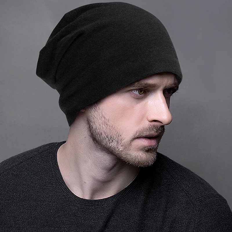 Cotton Slouchy Beanies for Men Vintage Hip-Hop Slouchy Hat Autumn Winter Warm Unisex Skullies Solid Color Male Skull Caps, image 2