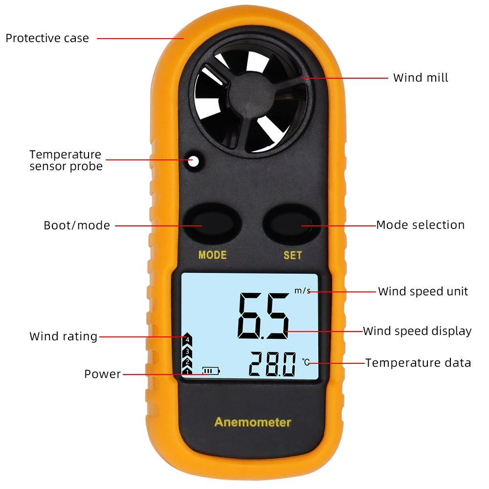 Anémomètre numérique, jauge de vitesse du vent, thermomètre, compteur de vitesse du vent, outil de Test de température 30 m/s