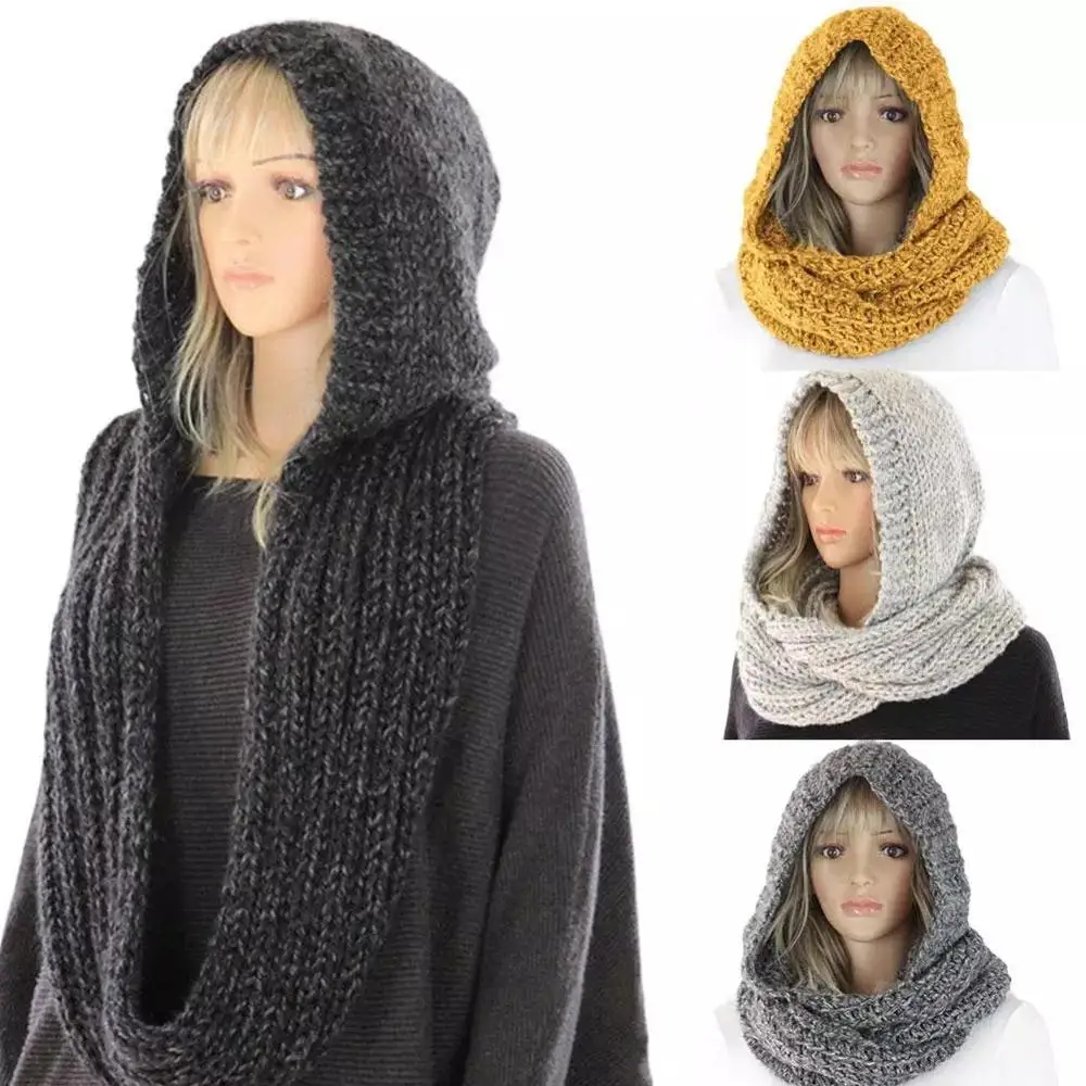 Solid Color Wool Hat Scarf Women Fashion Casual Knit Hooded Scarf Autumn Winter Warm Retro Scarf With Cap