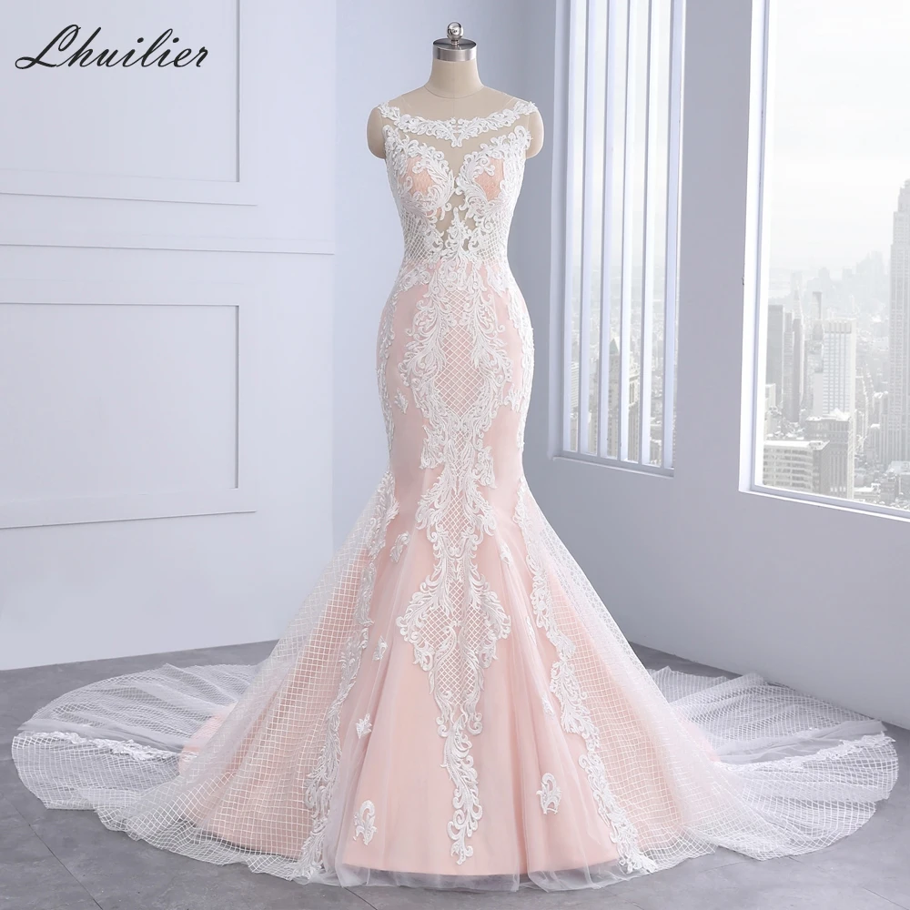 

Lhuilier Customized Lace Mermaid Wedding Dresses Floor Length Sleeveless Illusion Bridal Dress with Chapel Train