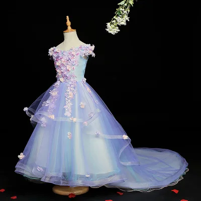 Light Blue Tulle Princess Ball Gowns Wedding Tutu Dress for Girl Beading Appliques Party Flower Girl Dresses Trailing Prom Gowns