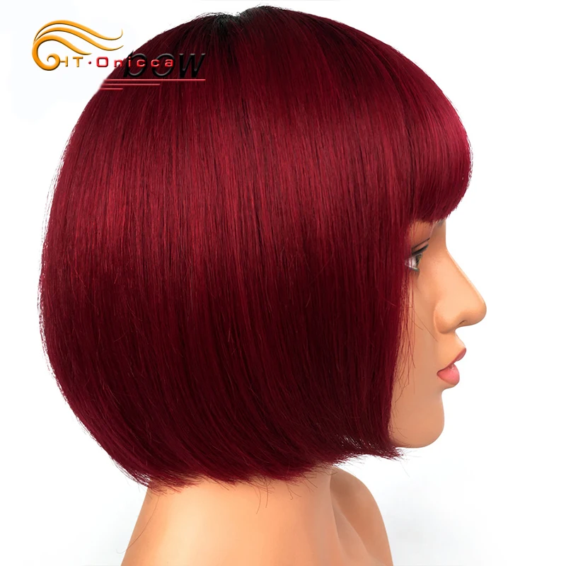 Red Wig With Bangs Human Hair Short Straight Bob Wigs For Women Brazilian Hair No Lace Full Machine Made Human Hair Wigs