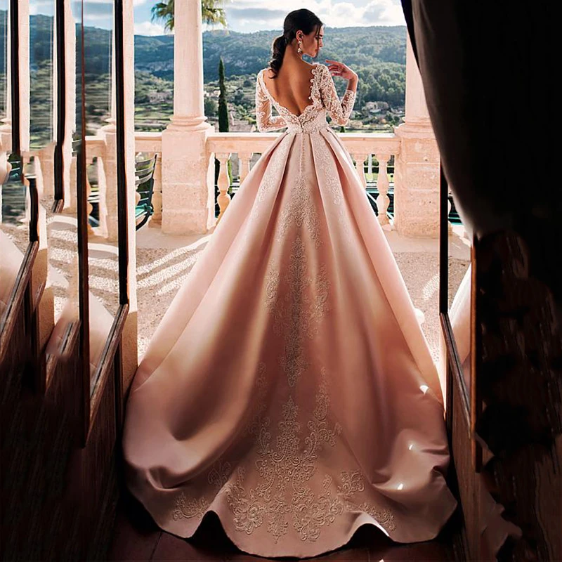 Vestido de casamento rosa cetim com apliques de renda, decote em v, manga comprida, vestido nupcial princesa, vestidos de casamento elegantes, tamanho grande