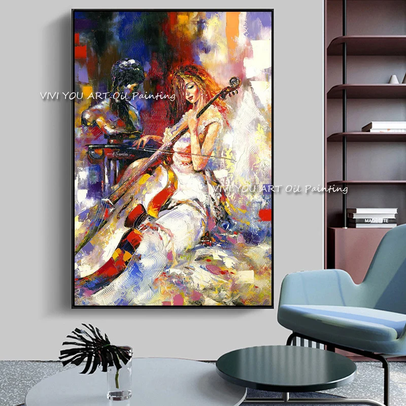 Large Size Hand-Painted Musician Woman Oil Painting, Palette Knife Cello Figure Vertical Canvas Wall Decor