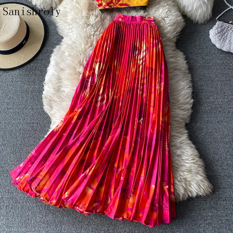 Two-pieces Set 2021 Seaside Holiday Women Floral Print Tank V-Neck Lace Patchwork Camis Large Hem Long Pleated Skirts Suits C137