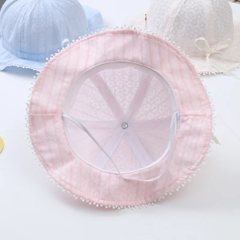 3 Colors Summer Outdor Sun Hat Baby Girls Cute Pink Cap Kids Cotton Breathable Bucket Hats with Stripes (for 3-18 Months Babies)