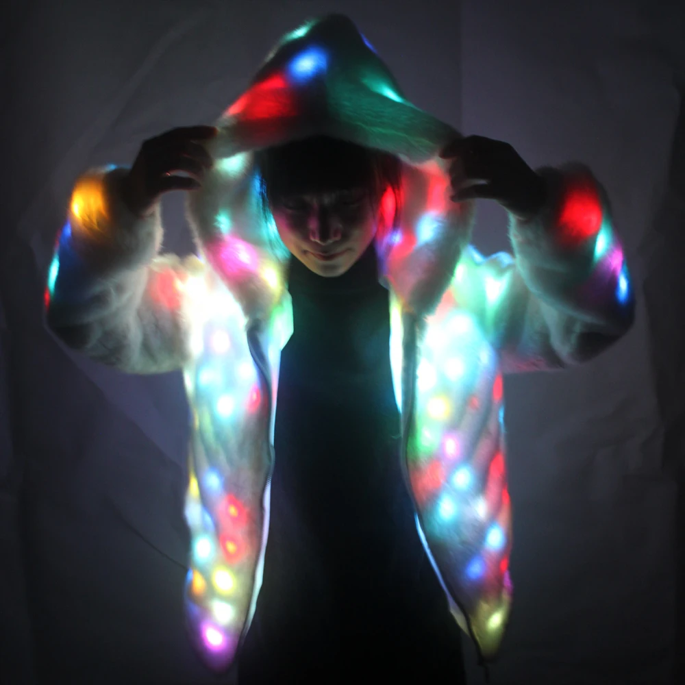 LED Luminous Faux Fur Coat Lady Bar Dance Show Nightclub Clothes LED DJ Costumes. Christmas, Halloween Party, Cospaly Suit