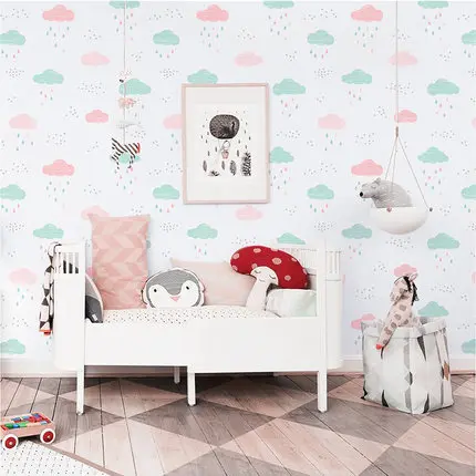 Children's Room Wallpaper Girl Bedroom Boy Cartoon Non-Woven Blue Sky White Cloud Pink Wall Paper