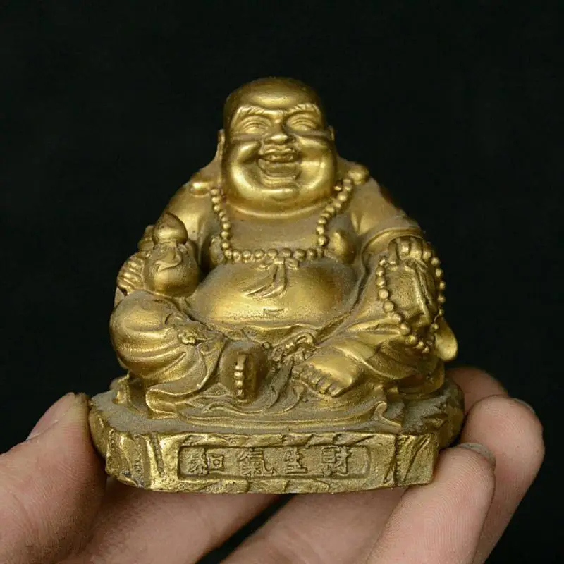 Old China Buddhism Temple Copper Bronze Happy Laugh Maitreya Buddha Gourd Staute Home Living Room Decoration