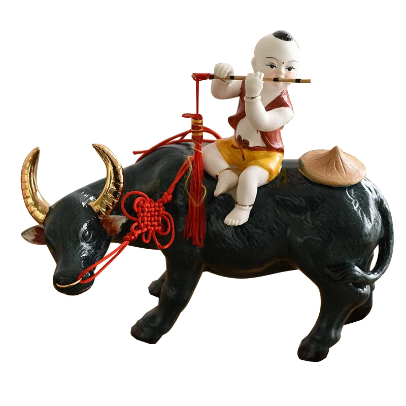 

Jingdezhen Ceramic Ware Shepherd Boy Riding Cattle Classical Art Ornaments Home Living Room Decorations Craft Chinese Style Doll